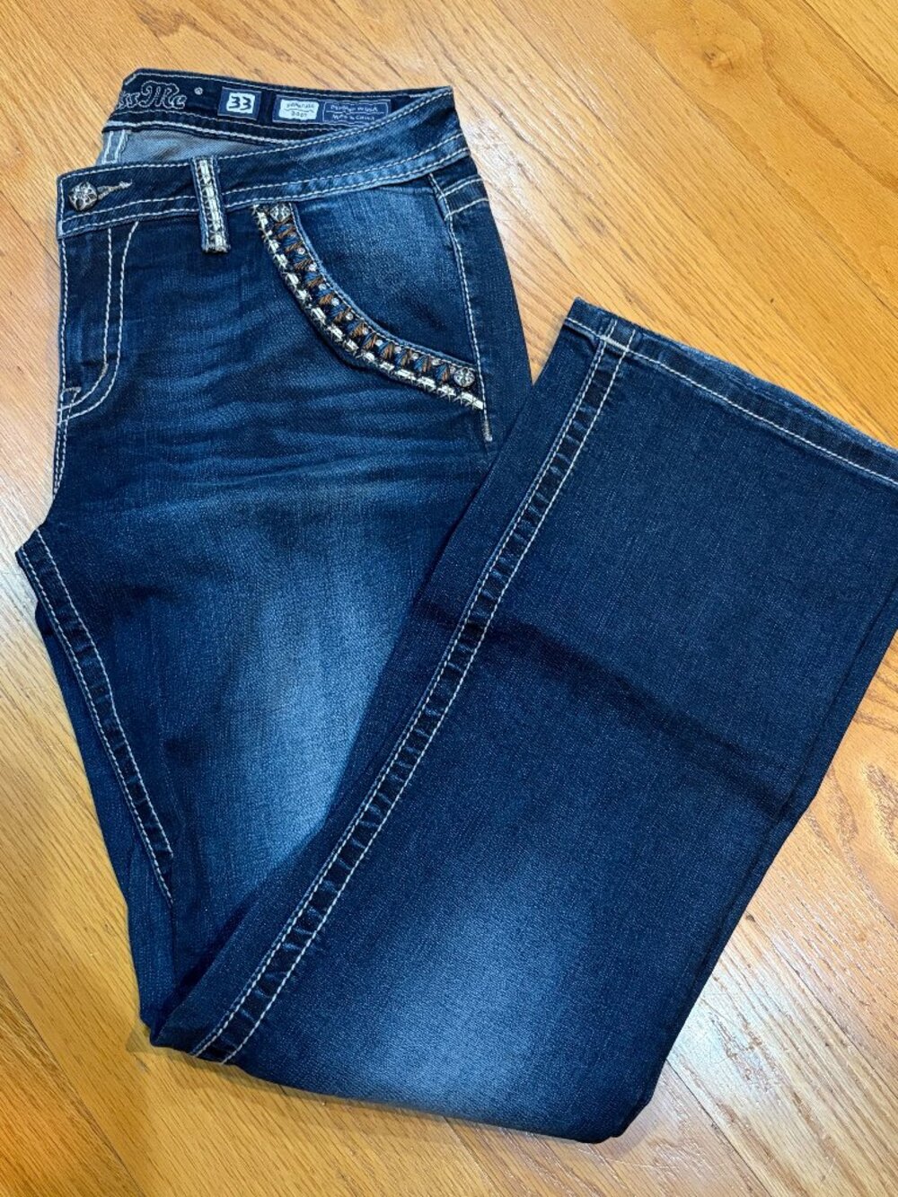 Miss Me Bootcut Jeans with Embellished Front and Back Pockets, Size 33